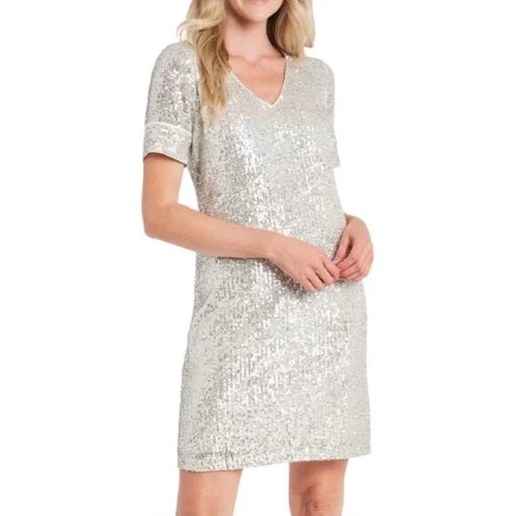 CeCe Champagne Sequined Mini Dress Size Large NWT Special Occasion Cocktail - Picture 1 of 16